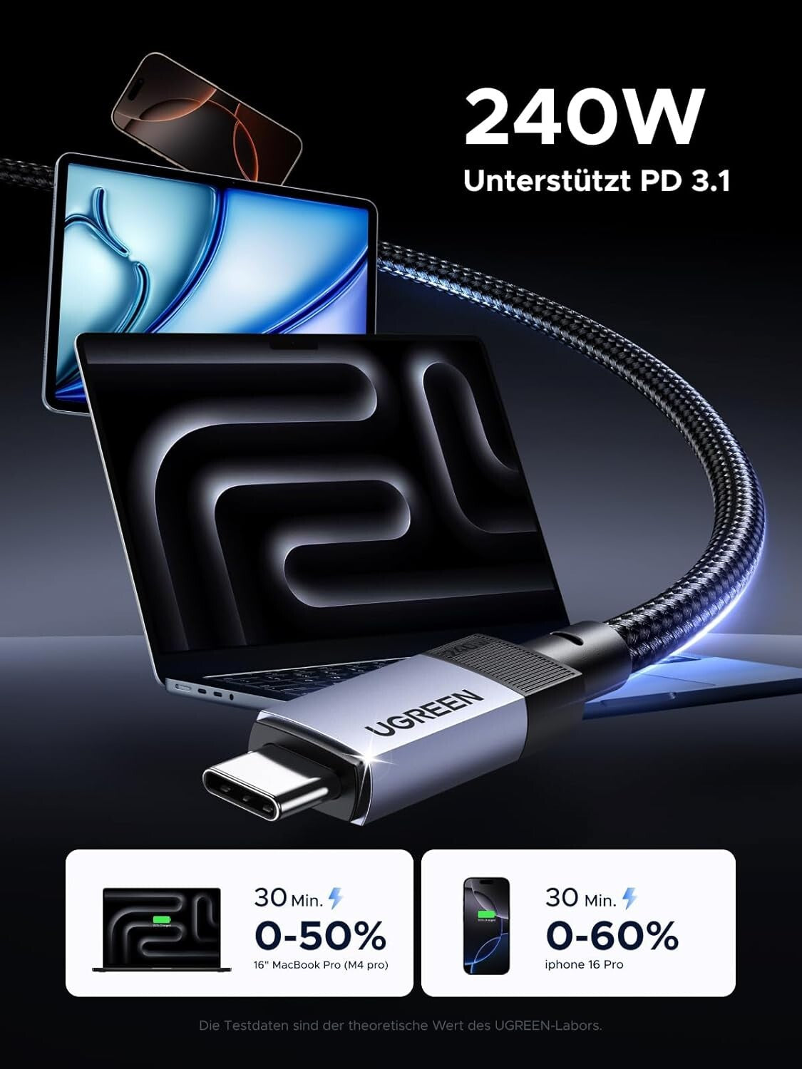 USB-C Kabel 240W 1m 10Gbps 4K@60Hz PD 3.1 für iPhone 16/MacBook