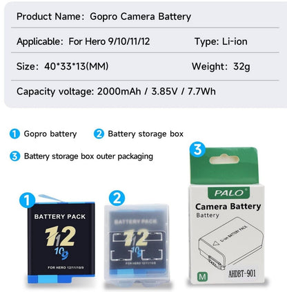 2x 2000mAh Akku für GoPro Hero 12/11/10/9 Wiederaufladbar