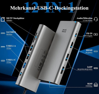 USB C Dock Triple Monitor 4K 100W PD 12 in 1 Dockingstation