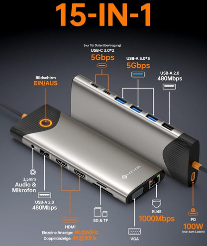 15-in-1 USB C Docking Station 4K@60Hz HDMI VGA Ethernet