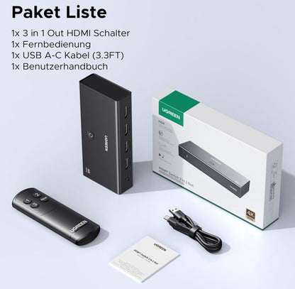 UGREEN HDMI Switch 3 in 1 Out 4K@60Hz, HDMI Splitter mit Fernbedienung