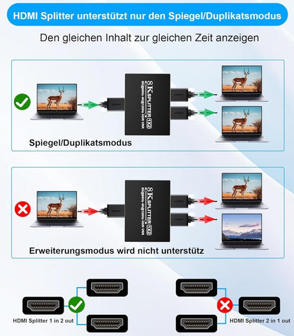 8K HDMI Splitter 1 in 2 Out - HDMI Verteiler 1 in 2 Out for Dual Monitor Mirror