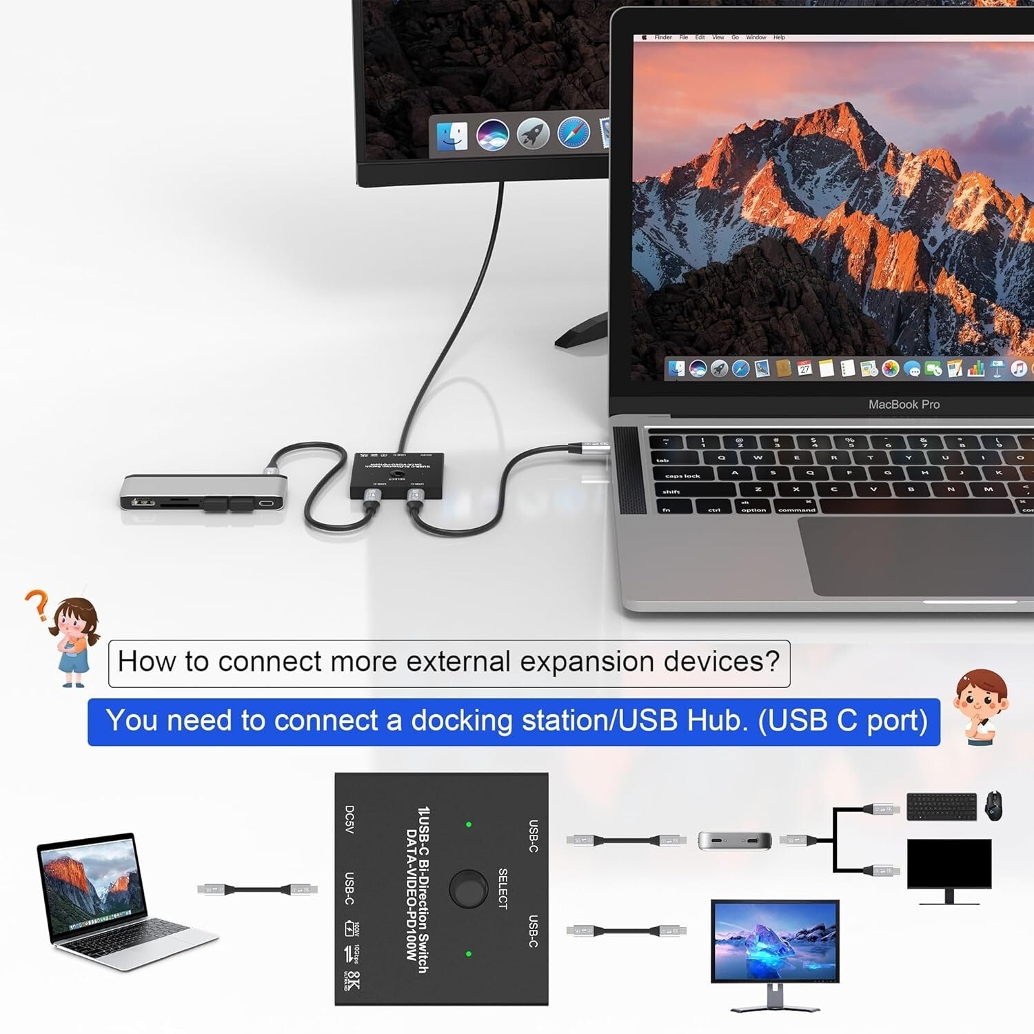 USB-C KVM Switch 8K@60Hz 10Gbps 100W PD 2-PC-1-Monitor