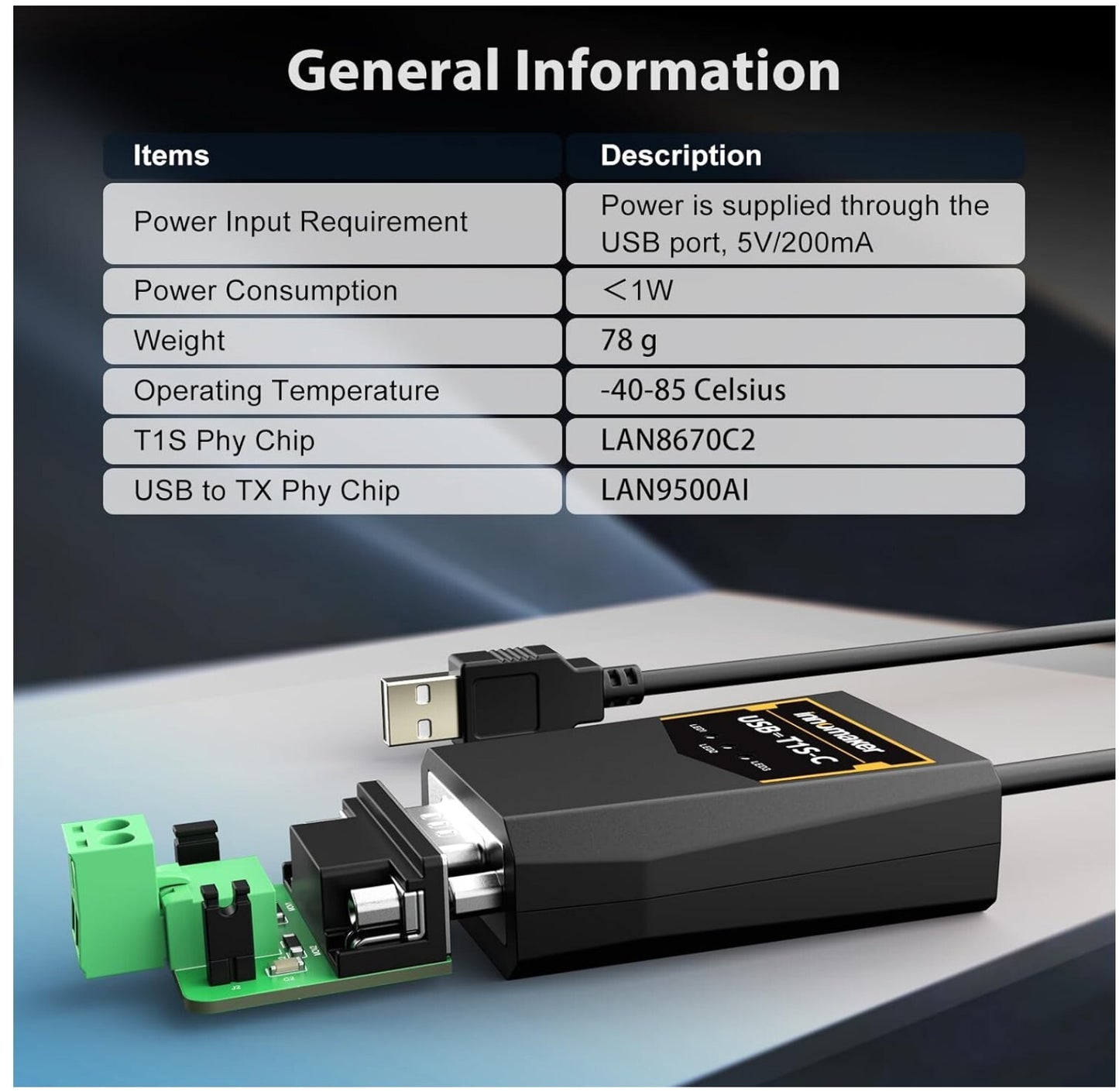 USB-zu-10BASE-T1S Ethernet-Konverter 10 Mbit/s, Windows/Linux, Industriequalität
