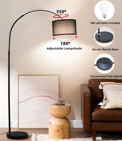 Bogenlampe Vintage Stoffschirm 33cm Schwarz LED E27 Fußschalter
