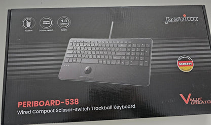 538 DE, Kompakte Kabelgebundene USB-Tastatur mit Trackball, Scherenmechanik-Tast