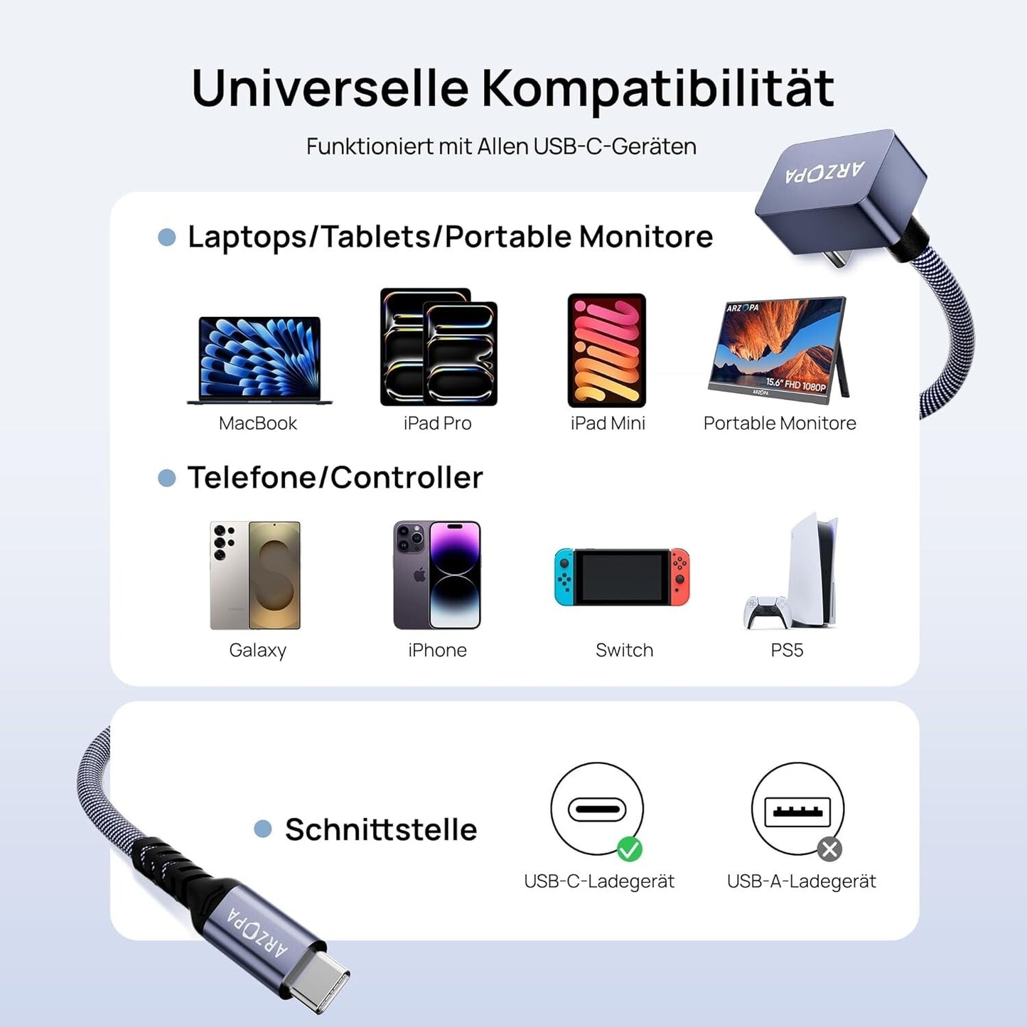 USB-C Kabel 100W PD 10Gbps 90° U-Design 1m Nylon iPhone 16/S24