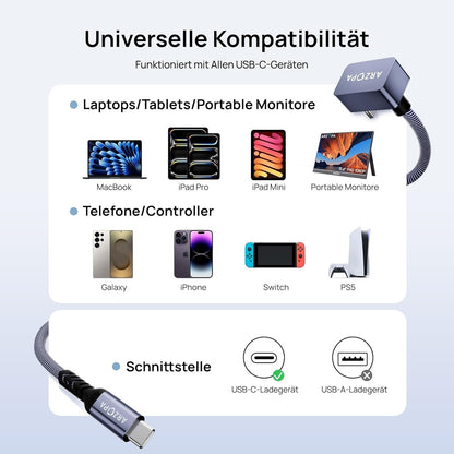 USB-C Kabel 100W PD 10Gbps 90° U-Design 1m Nylon iPhone 16/S24