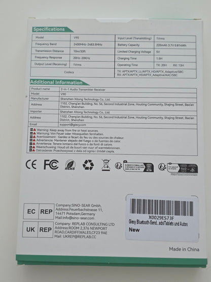 Bluetooth 2in1 Adapter 3,5mm Klinke OLED aptX Flugzeug Weiß