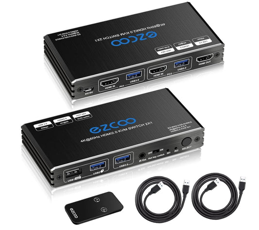 4K 60Hz HDMI KVM Switch 2 Ports USB3.0 Hotkey Fernbedienung  2 PCs - 1 Monitor