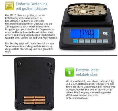 Münzzählwaage 3kg 5 Währungen Batterie/Netz USB-Export