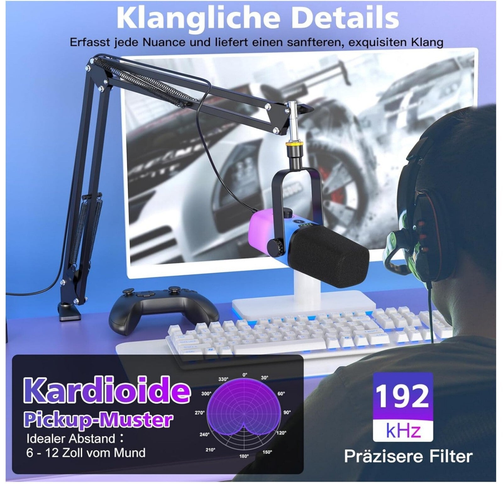 KD9S USB Mikrofon mit RGB, Boomarm, Nierencharakteristik für PC, Handy, PS5 – Id