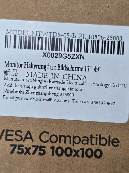 Monitor Halterung 17-49 Zoll 20kg Aluminium Gasfeder VESA 75/100 Schwarz