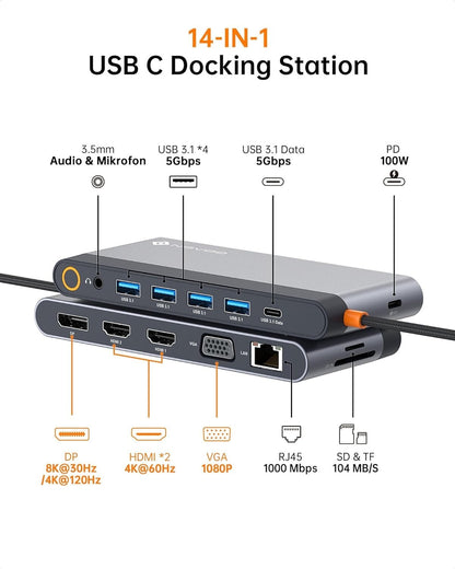 USB-C Dockingstation 14-in-1 4K@120Hz DP 2xHDMI 4K@60Hz VGA PD 100W