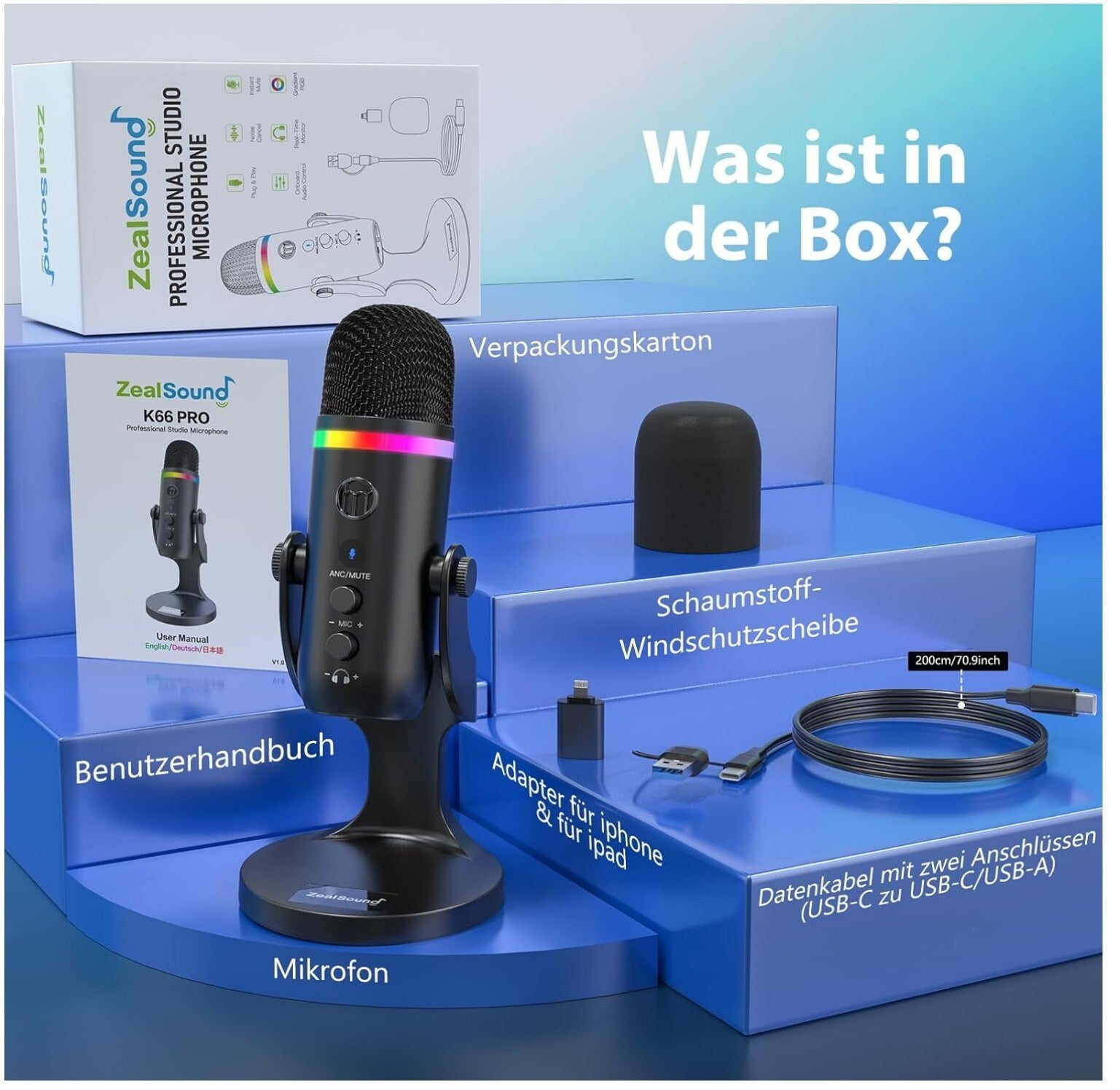 USB-Mikrofon K66 Pro mit ANC, RGB, Plug & Play für Streaming & Podcast