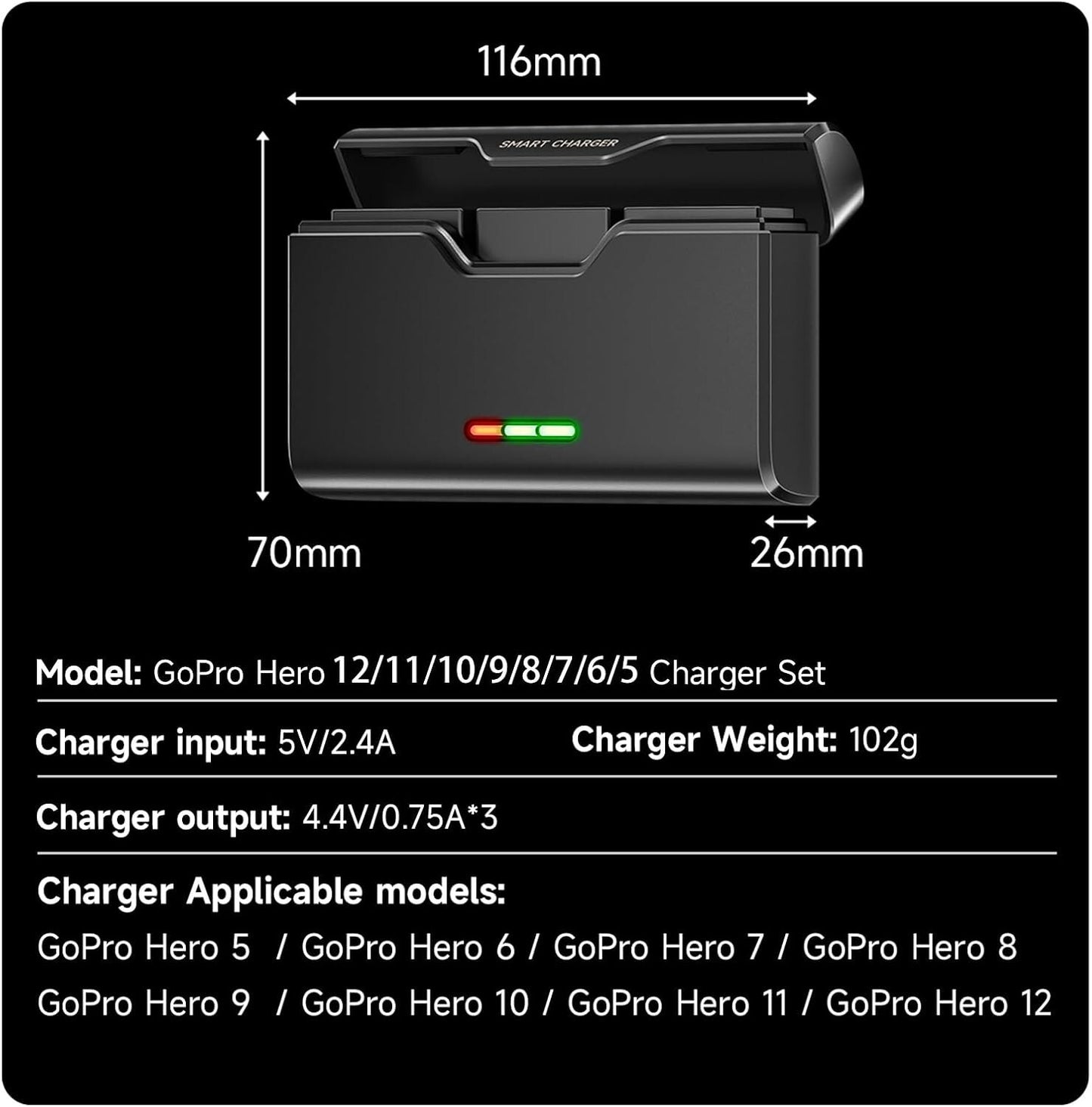 3-Kanal Ladegerät für GoPro Hero 12-5 mit TF-Speicher