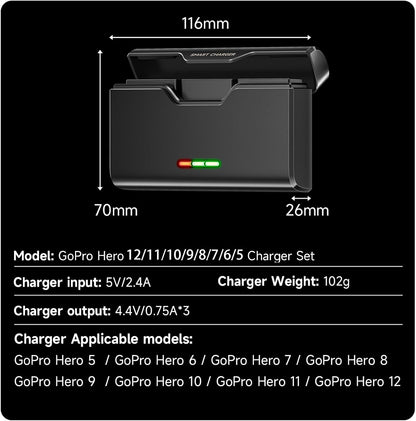 3-Kanal Ladegerät für GoPro Hero 12-5 mit TF-Speicher