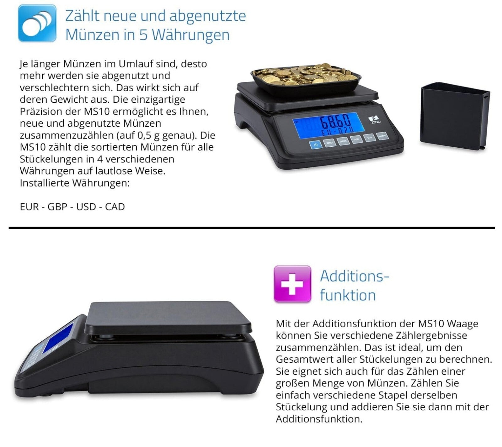 Münzzählwaage 3kg 5 Währungen Batterie/Netz USB-Export