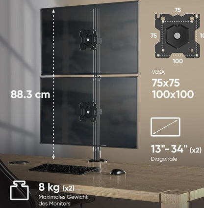 Dual Monitor Halterung für 13-34 Zoll Bildschirme bis 8 kg (x2), Doppel Monitorh