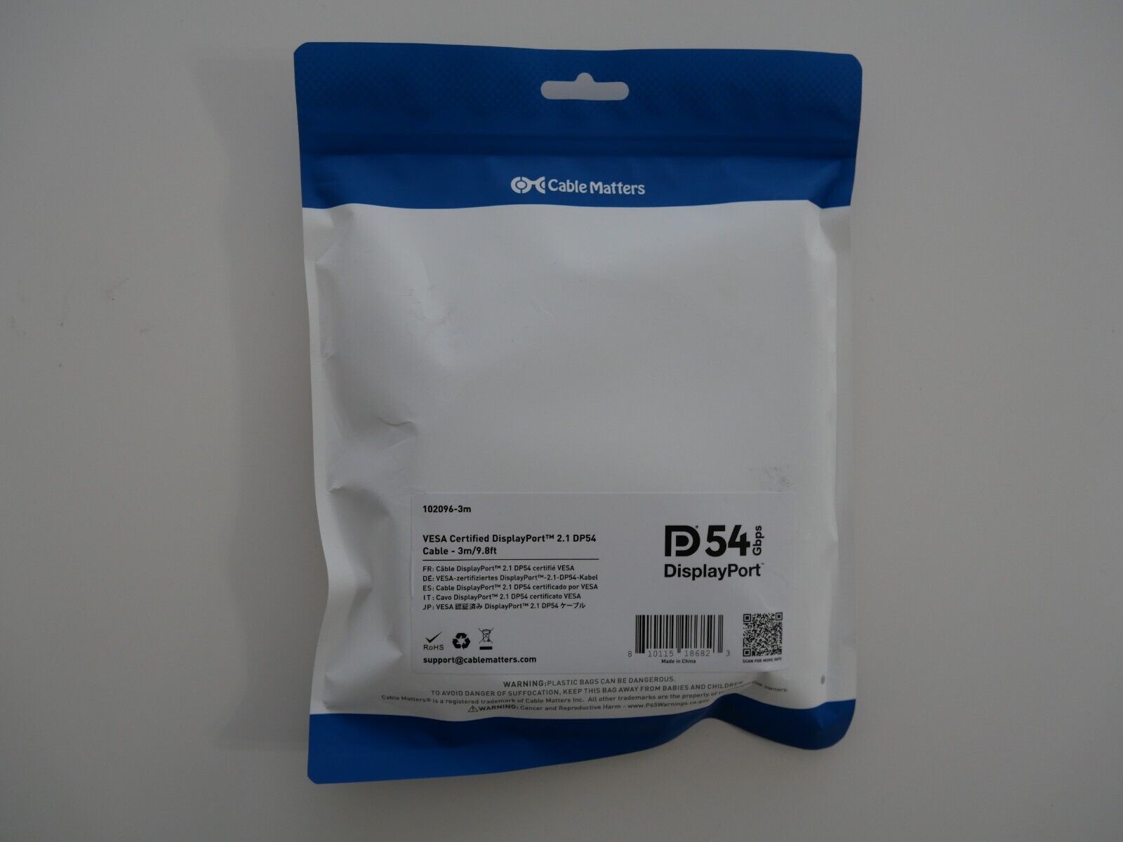 54 Gbps DisplayPort 2.1 Kabel 3 m, DP54 Kabel mit 8K 165 Hz, 4K 500 Hz in Schwar