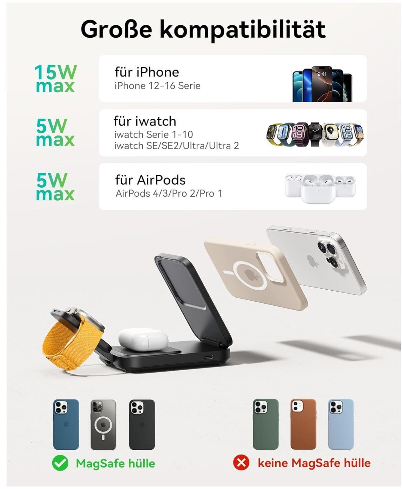 3-in-1 Induktive Ladestation 15W Qi2 MagSafe Mintgrün iPhone Apple Watch AirPod