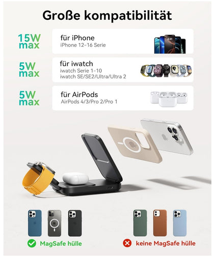 3-in-1 Induktive Ladestation 15W Qi2 MagSafe Mintgrün iPhone Apple Watch AirPod