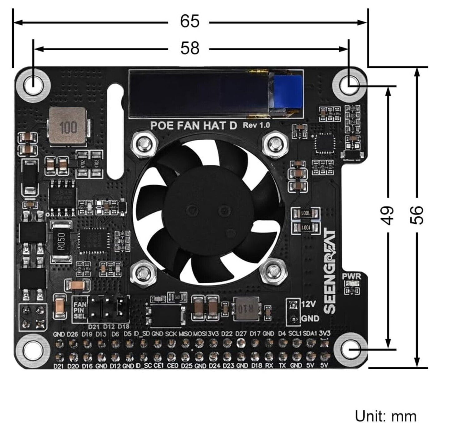 PoE HAT für Raspberry Pi 4B/3B+ mit Lüfter, OLED, 802.3af/at