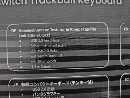 538 DE, Kompakte Kabelgebundene USB-Tastatur mit Trackball, Scherenmechanik-Tast