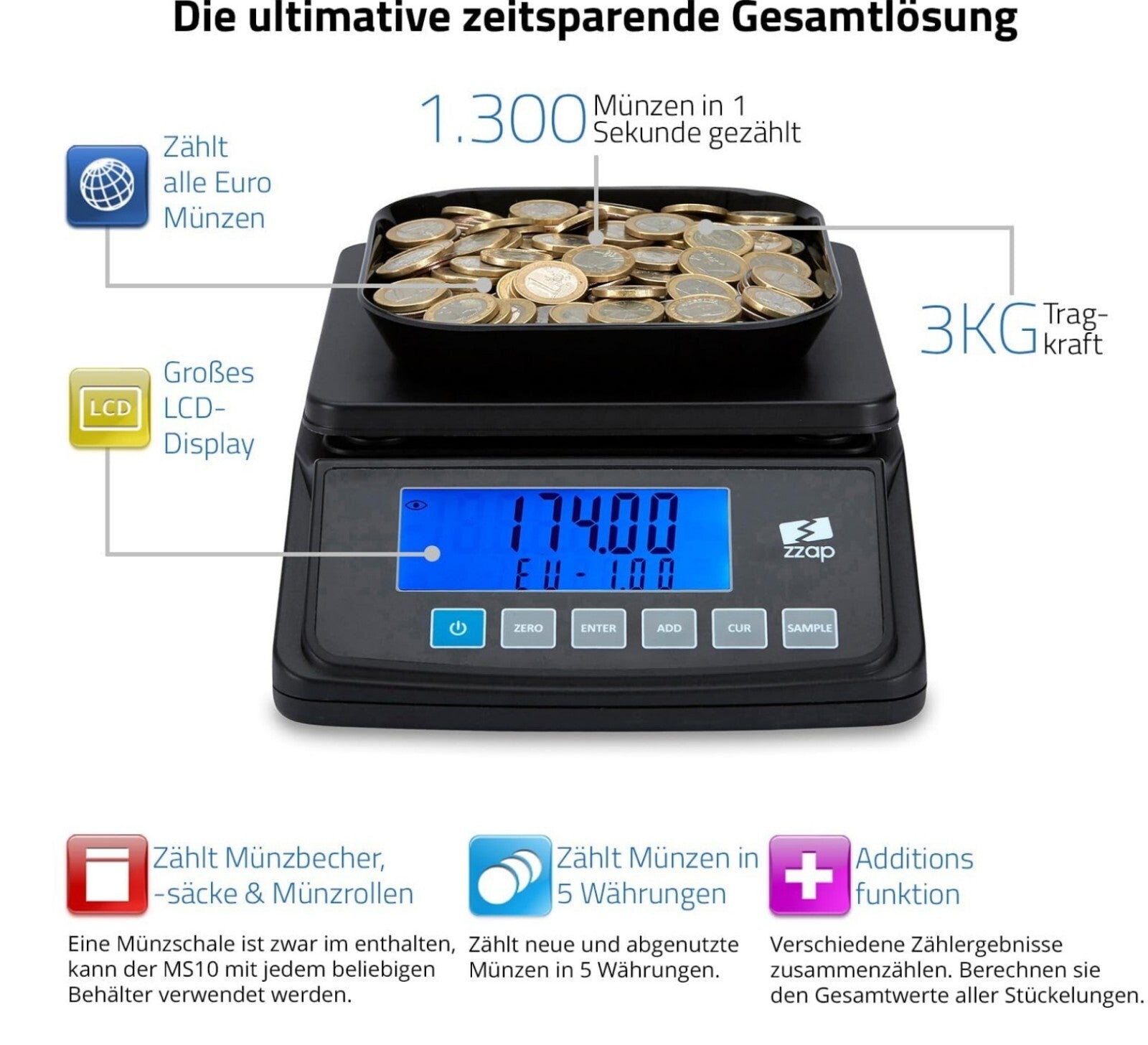 Münzzählwaage 3kg 5 Währungen Batterie/Netz USB-Export