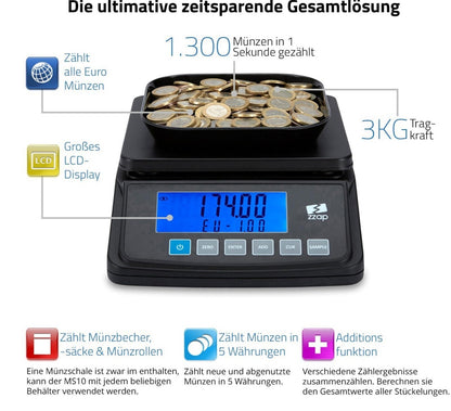 Münzzählwaage 3kg 5 Währungen Batterie/Netz USB-Export