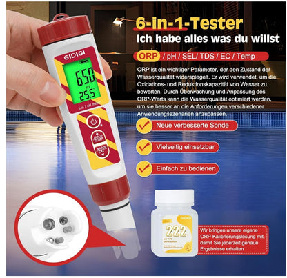 6-in-1 pH ORP Salzmessgerät Pool Aquarium TDS EC 222mV