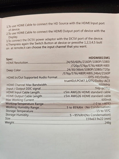 4K @ 60HZ HDMI Switch 5 in 1 Out