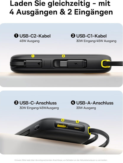 QPow3 Powerbank 45W 20000mAh 2x USB-C Kabel PD3.0 QC4.0 4 Ports