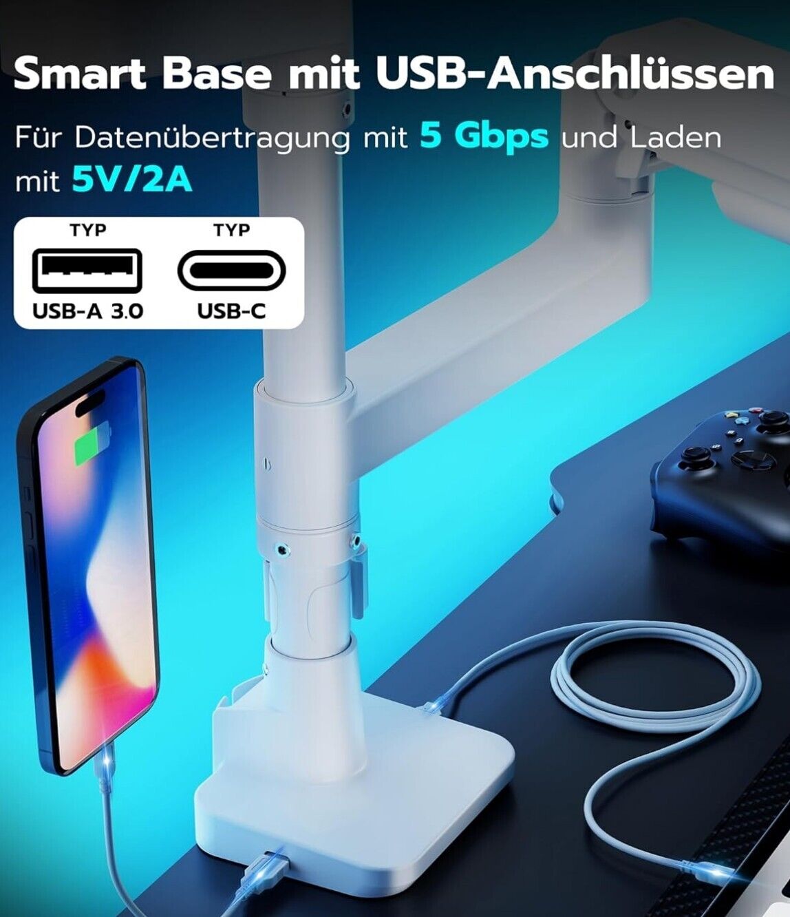 Dual-Monitorarm-Tischständer Ultrawide-Monitore bis 49 Zoll mit USB Hub weiß
