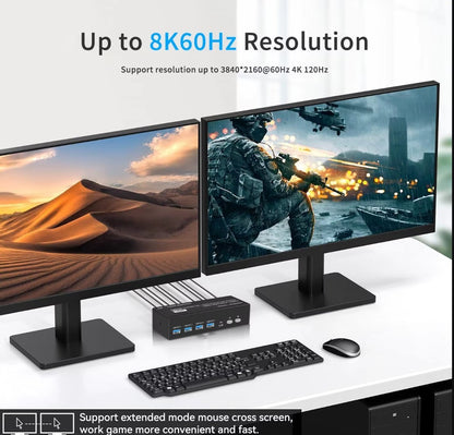8K DP / HDMI KVM 2PC 2 Monitor 8K@60Hz 4K@120Hz 2K@144Hz + Kabel