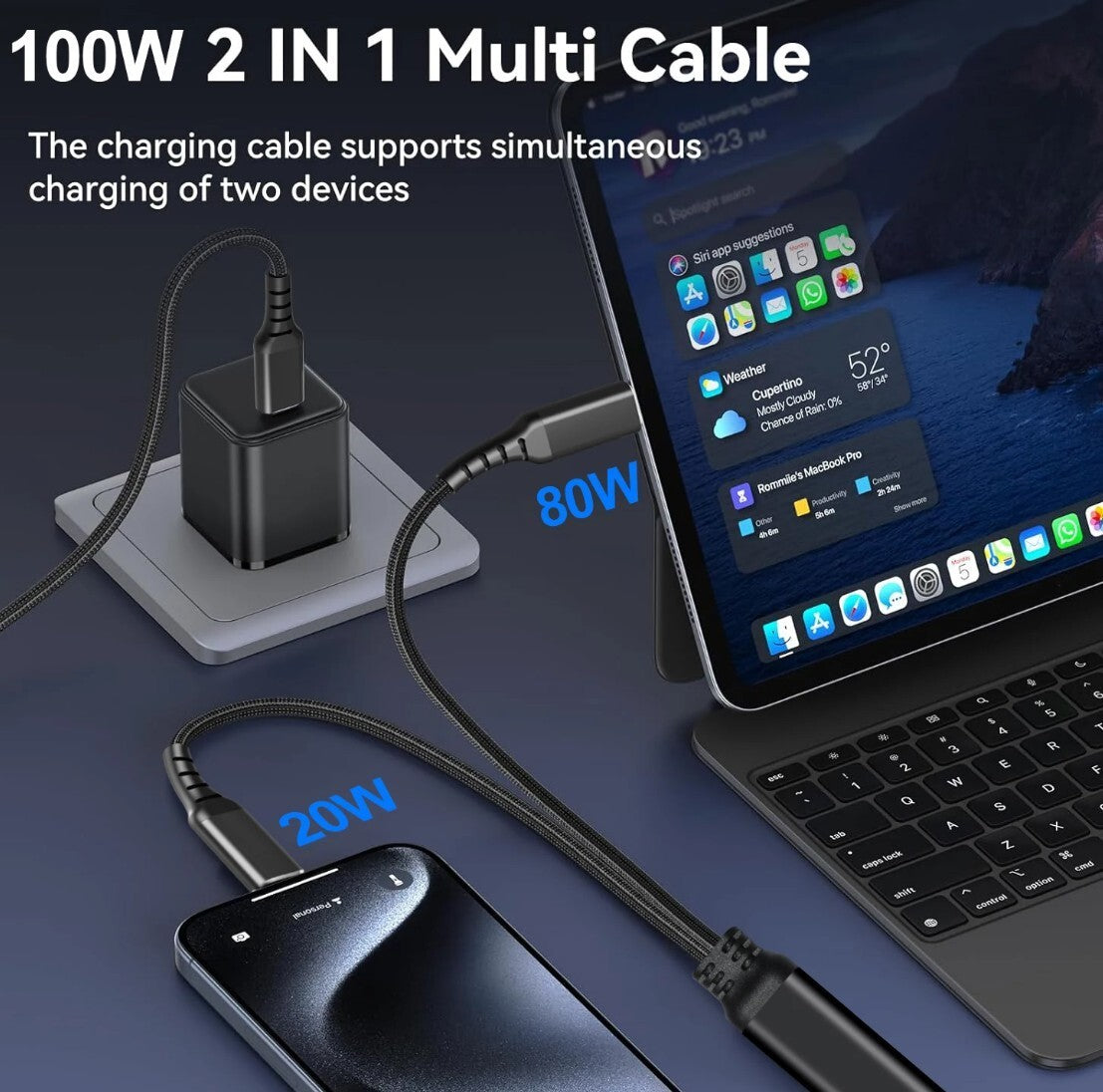 USB-C 2-in-1 Kabel 100W PD 480Mbps Nylon 1m Schwarz