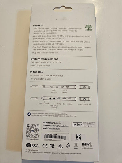 WAVLINK Laptop-Dockingstation, 10 G, USB-C-Hub, mit Dual-HDMI, 100 W PD-In, 10 G